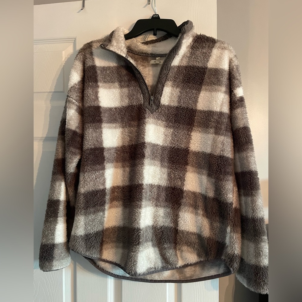 Gray and white buffalo plaid fleece quarter zip